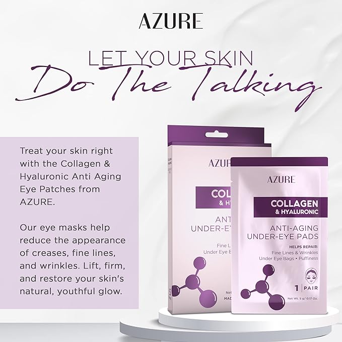 Azure Cosmetics Collagen & Hyaluronic Acid Anti Aging Under Eye Pads - Lifting & Moisturizing Eye Mask Patches - Reduces Fine Lines, Wrinkles, Dark Circles & Puffiness - Made in Korea - 5 Pairs