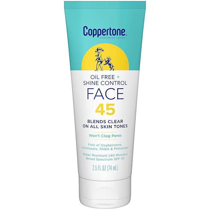 Coppertone Oil Free + Shine Control Sunscreen Face Lotion SPF 45, Lightweight Sunscreen for All Skin Tones, Won't Clog Pores, Fragrance Free, 2.5 Fl Oz Tube