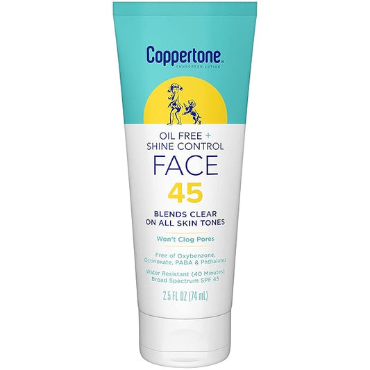 Coppertone Oil Free + Shine Control Sunscreen Face Lotion SPF 45, Lightweight Sunscreen for All Skin Tones, Won't Clog Pores, Fragrance Free, 2.5 Fl Oz Tube