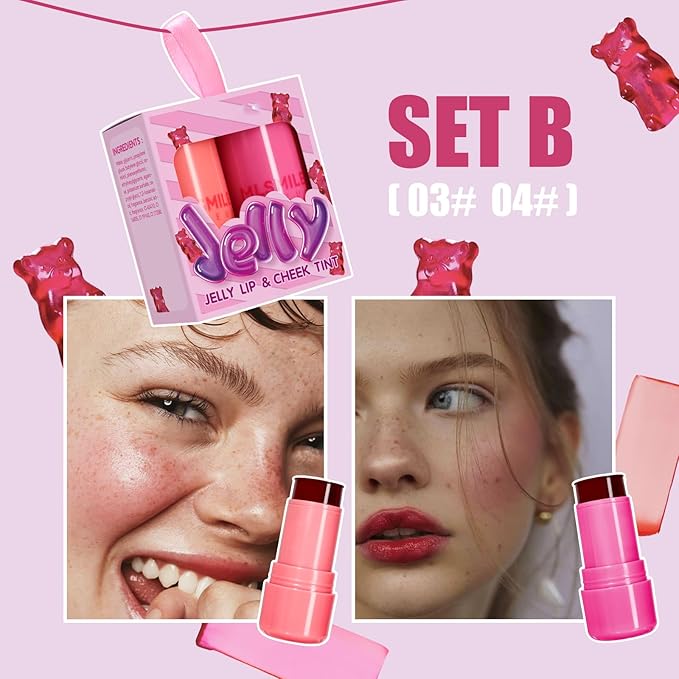 2 Pcs Milk Jelly Blush, Milk Cooling Water Jelly Tint, Vivid Color Water Jelly Tint Milk Blush, Sheer Eye Lip & Cheek Stick Stain, Long Wearing, Watercolor Finish Lip Gloss for Women, 03&04