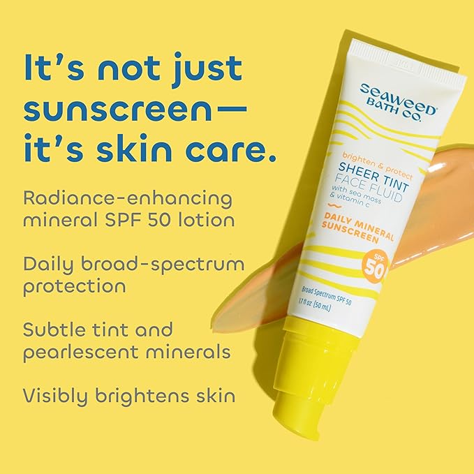 Seaweed Bath Co. Brighten & Protect Sheer Tint Face Fluid SPF 50 Zinc Oxide Sunscreen Lotion, 1.7 Oz., Tinted Mineral Facial Moisturizer Cream