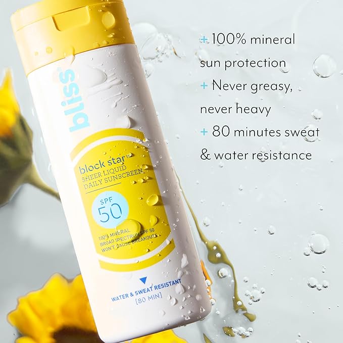 Bliss Block Star Liquid Face Sunscreen SPF 50-2 fl oz. - 100% Mineral Broad Spectrum Sunscreen With Zinc Oxide & Titanium Dioxide - Non Greasy Finish