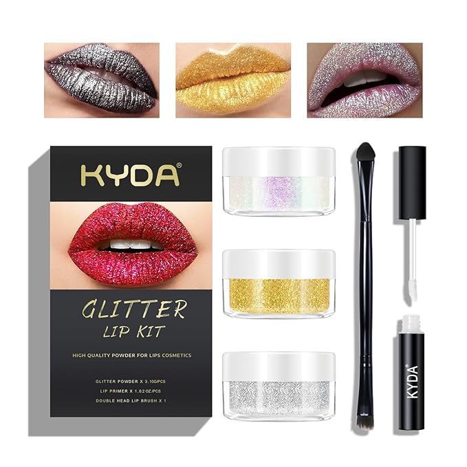 KYDA 3 Colors Glitter Lip Kit, Diamond Metllic Lip