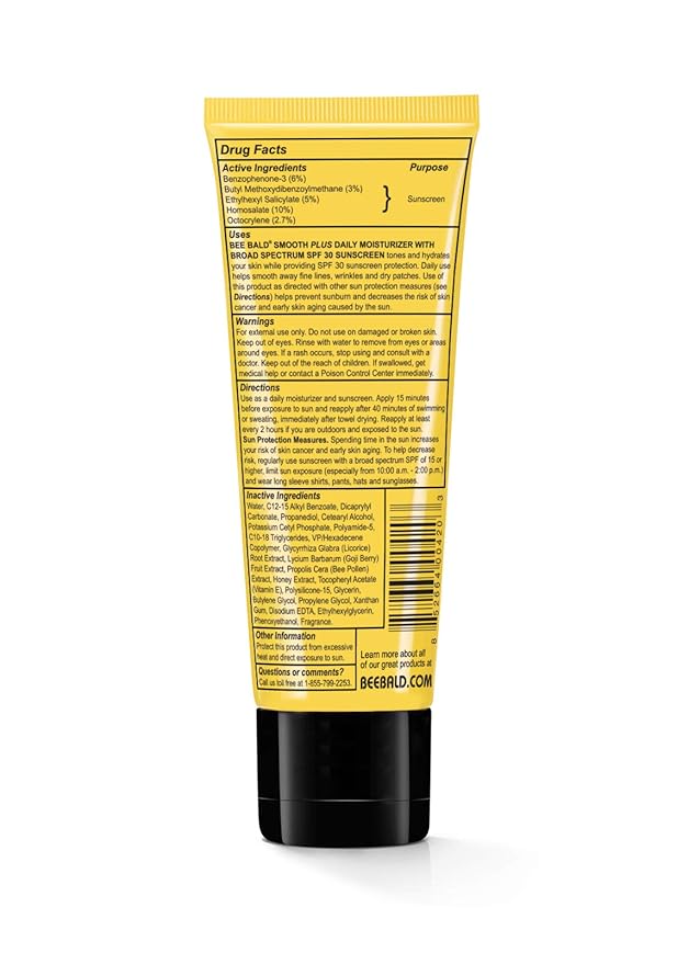 Bee Bald SMOOTH PLUS Daily Moisturizer With SPF 30 Broad Spectrum Sunscreen - Head and Face Moisturizer Lotion for Men and Women Too - Hydrate and Protect Skin from Harmful UVA/UVB Rays - 1.7 fl Oz