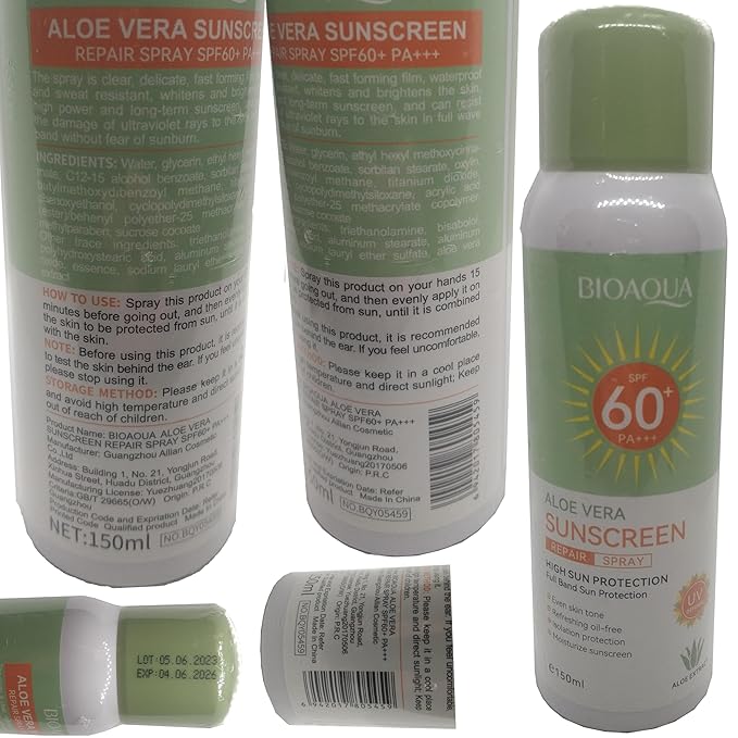 BIOAQUA Aloe Vera Sunscreen Spray SPF60+ PA+++ UVA/UVB Repair Refreshing Moisturizing Waterproof Sweat Resistant 150ml / 5.07fl.oz