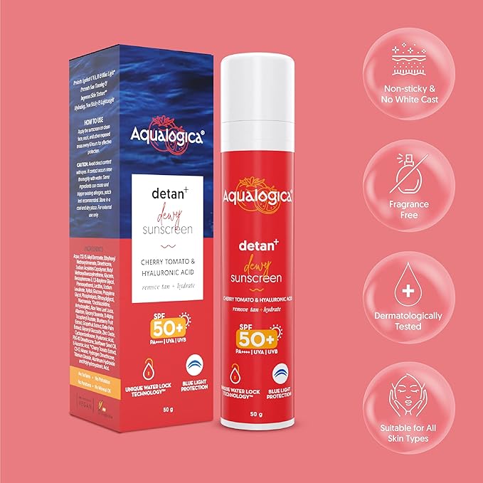 Detan+ Dewy Face Sunscreen with SPF 50+ & PA++++ | Broad Spectrum Protection & No White Cast | Fights Sun Damage with Cherry Tomato & Hyaluronic Acid | 1.76 Oz/50g