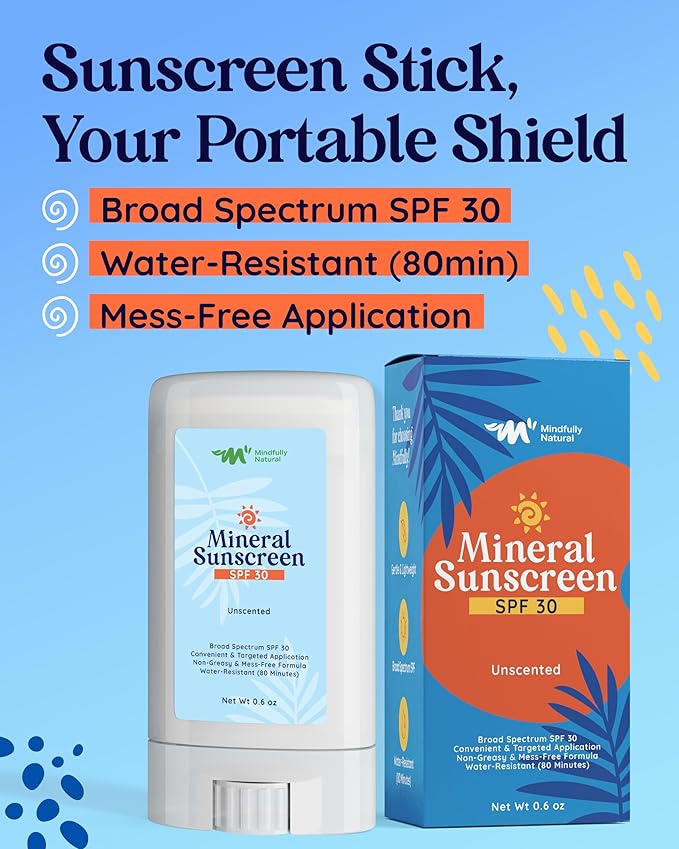 Natural Sunscreen Stick SPF 30 Broad Spectrum Mineral Sunblock for Face & Sensitive Skin - Zinc Oxide 18% Sun Screen Sticks, Travel Size