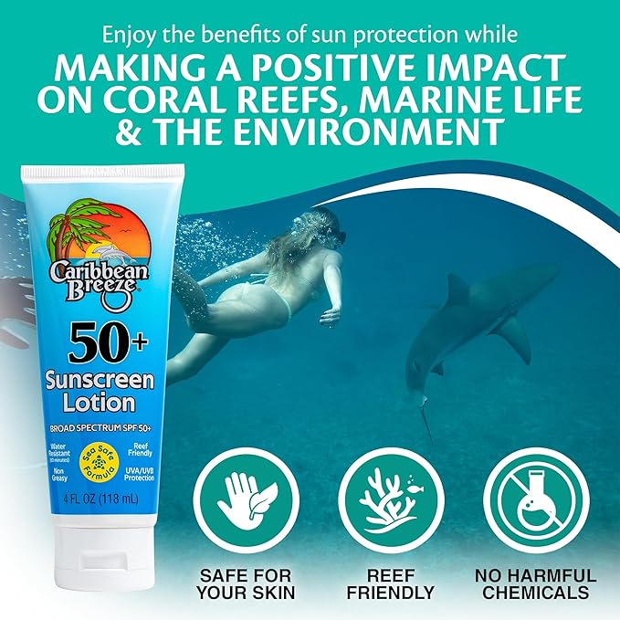 Reef Friendly Sunscreen SPF 50 Lotion, Mango Lime Scent Body Sunscreen Lotion, Rich in Anti Oxidants, Water Resistant Up to 80 Minutes, Broad Spectrum Body Lotion with Sunscreen, 4 oz (120 ml)