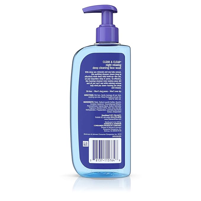 Clean & Clear Night Relaxing Oil-Free Deep Cleaning Face Wash with Deep Sea Minerals & Sea Kelp Extract, For All Skin Types, 8 fl. oz (Pack of 2)