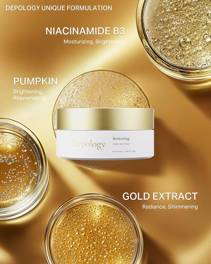 depology Restoring Hydrogel Under Eye Patch | 60 Patches | Brightening Caffeine Gold Pads for Dark Circles | Puffiness | Wrinkles | Refresh | Travel