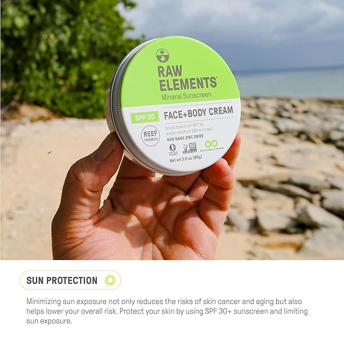 Raw Elements Face and Body Mineral Sunscreen SPF 30 Tin, Organic Sunblock Daily Protection, Non Toxic Reef Safe, Water Resistant, Cruelty Free, Plastic Free, 3 oz (Pack of 1)