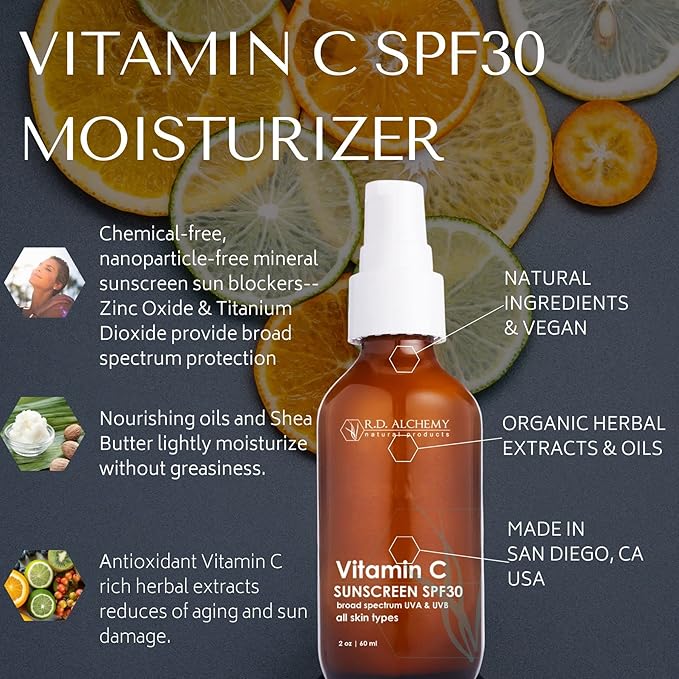 RD Alchemy - Natural & Organic Vitamin C SPF 30 Moisturizing Mineral Sunscreen. Non-Nano Zinc & Titanium - Lightweight Non Greasy SPF for Face - Skincare for Professionals & Estheticians.