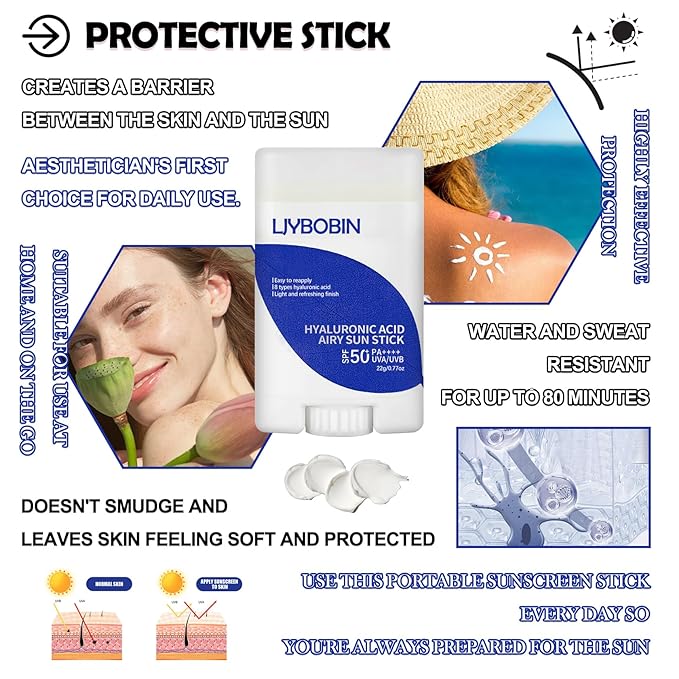 Hyaluronic Acid Moisturizing Sun Stick,SPF 50+ PA++++,Mineral Sunscreen Stick for Face,Beach Defense Sunscreen Stick,Travel Waterproof Sun Stick