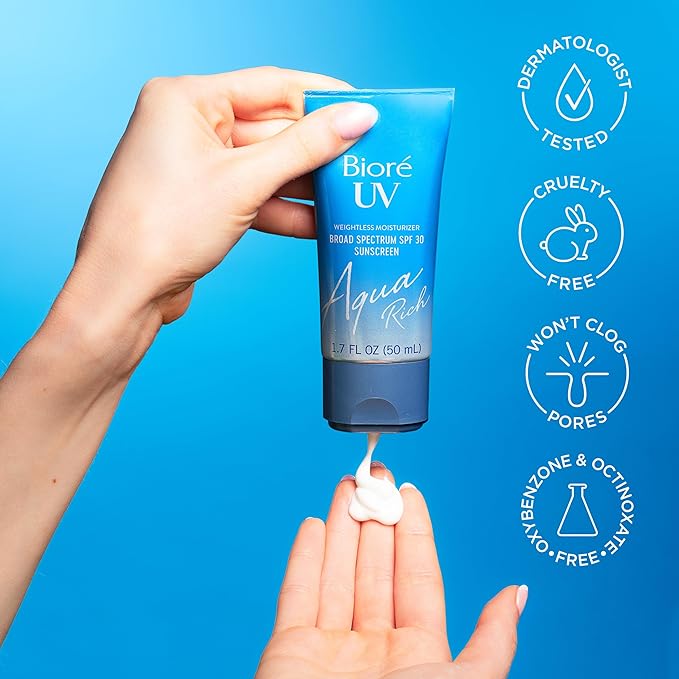 Biore UV Aqua Rich SPF 30 PA+++ Daily Moisturizer Sunscreen for Face, For Sensitive Skin, Oil Free, Hyaluronic Acid, Vegan, Oxybenzone & Octinoxate Free, Dermatologist Tested, 1.7 Oz