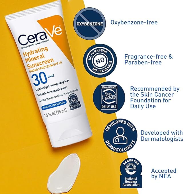 CeraVe 100% Mineral Sunscreen SPF 30 | Face sunscreen With Zinc Oxide & Titanium Dioxide | Hyaluronic Acid + Niacinamide + Ceramides | Oil Free Sunscreen For Face | Travel Size Sunscreen 2.5 oz