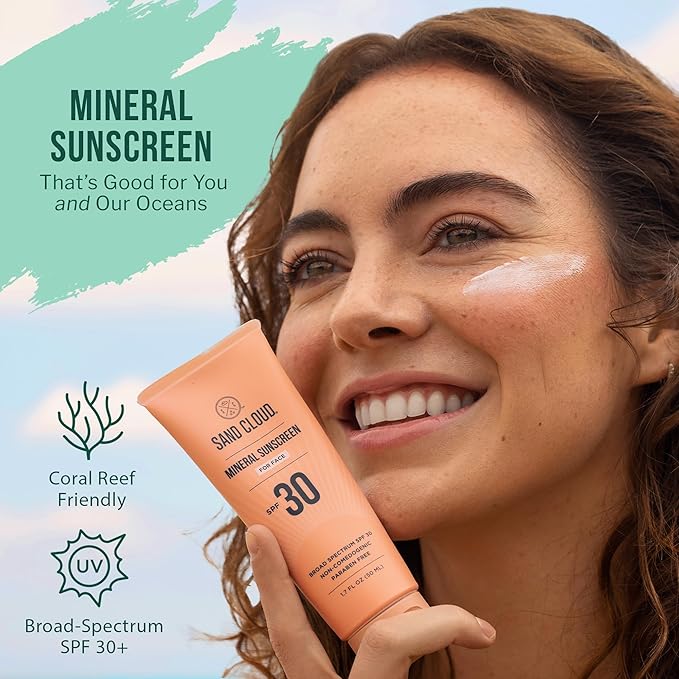 Sand Cloud Broad Spectrum Mineral Sunscreen for Face SPF 30, 1.7 Oz - Zinc Oxide Face Sunscreen for Sensitive Skin - Fragrance-Free Facial Mineral Sunscreen that Hydrates, Nourishes, & Protects Skin