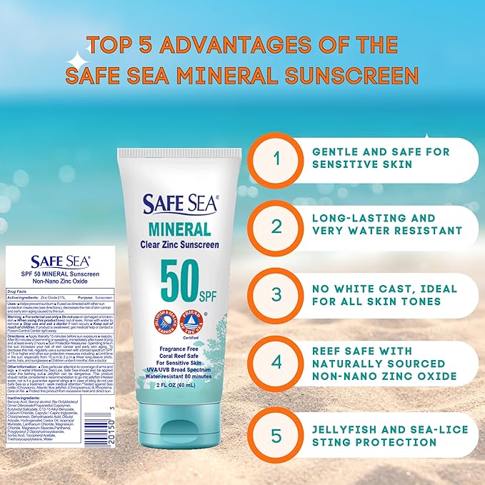 Safe Sea Zinc Oxide Sunscreen SPF50 | Clear Mineral Face Sunscreen Without White Cast | Anti-Jellyfish Sting Protective Lotion | Coral Reef Safe | Travel Size - 2Oz (60ml), Pack of 3