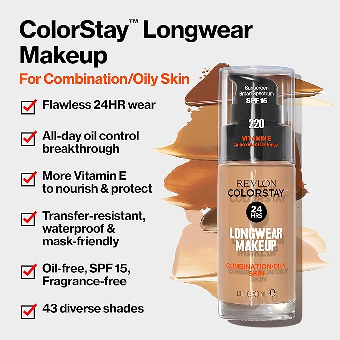 Revlon Liquid Foundation, ColorStay Face Makeup for Combination Espresso (610), 1.0 oz