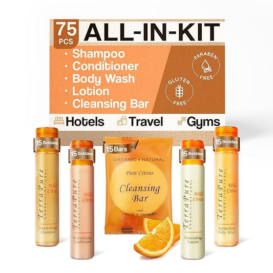 Terra Pure Wild Citrus Toiletries Set | 1-Shoppe Amenities Kit | 1oz Shampoo, Conditioner, Body Wash, Lotion, 1oz Bar Soap | 75 Pieces