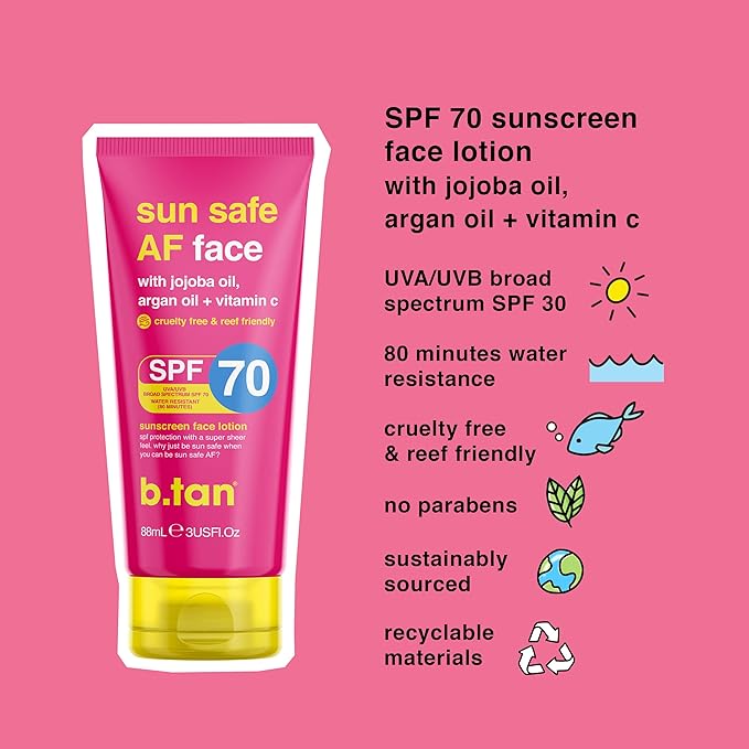 b.tan face sunscreen, sun safe AF SPF70 facial sunscreen. cruelty-free, 100% vegan & reef safe sunscreen for face. lightweight, sheer lotion for all skin types with hydrated matte finish. 3 Fl Oz