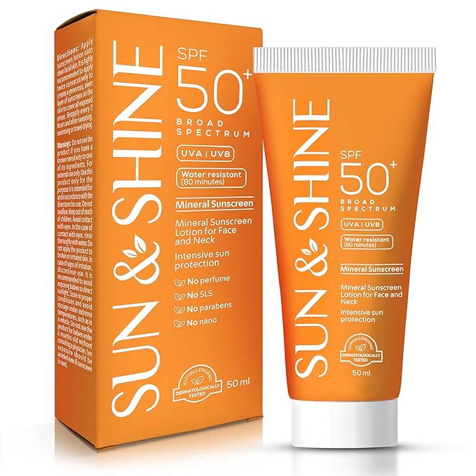 Sun&Shine 100% mineral sunscreen zinc oxide for Sensitive Skin: SPF50+ Broad Spectrum UVA UVB, Face sunscreen lotionreef safe, fragrance free 1.7 Oz