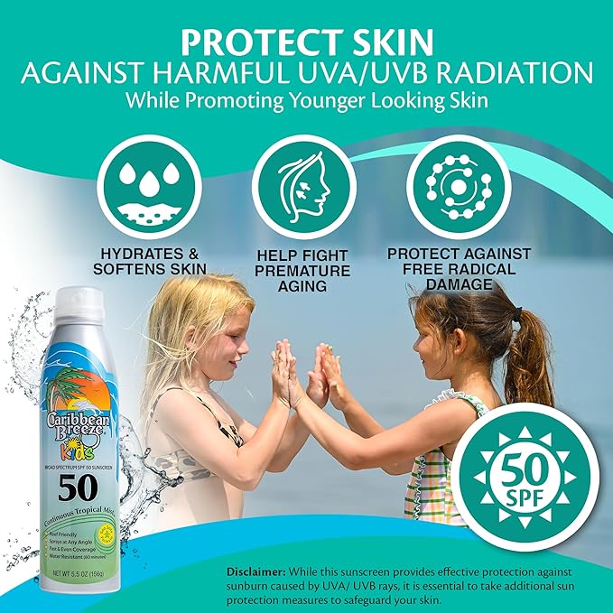 Caribbean Breeze Continuous Tropical Mist SPF 50 Sunscreen Spray for Kids, Reef Safe Sunscreen Spray, Up to 80 Minutes Water Resistant, 5.5 Ounces