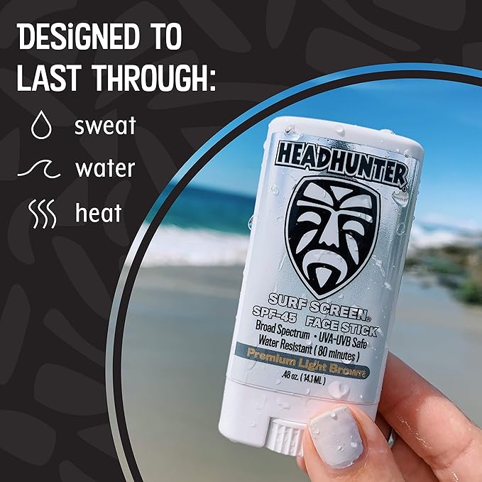 Headhunter Sunscreen Face Stick SPF 45, Waterproof Surf Sunblock for Waterman, Water-Resistant Facial Sunscreen for Ultra-Sport Protection and Solar Defense (80 min), Tinted Light Brown (1 pack)