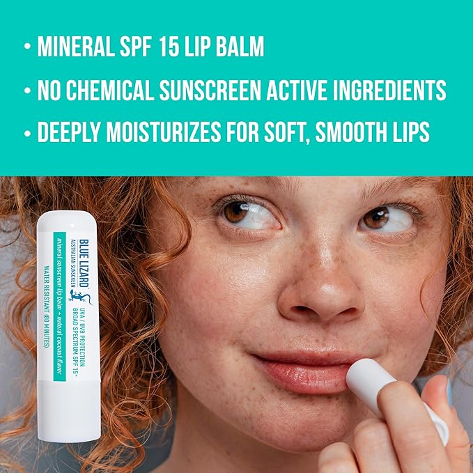 3-Pack Blue Lizard Mineral SPF 15 Lip Balm: Broad Spectrum Sun Protection, Natural Coconut Flavor, 8 Natural Oils, Infused with Australian Kakadu Plum, Rich in Vitamin C, Vegan, Each Tube 0.13 oz.