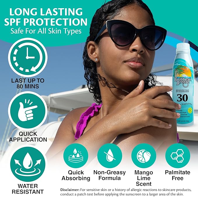 Caribbean Breeze Continuous Tropical Mist SPF 30 Sunscreen Spray, Reef Safe Sunscreen Spray, Up to 80 Minutes Water Resistant Spray, 5.5 Ounces