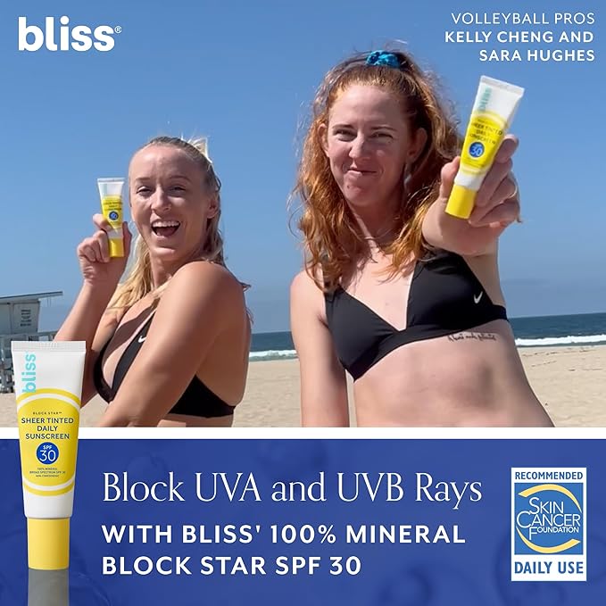 Bliss Block Star SPF 30 Invisible Daily Tinted Sunscreen with Zinc Oxide, Sunscreen & Makeup Primer - 100% Mineral Broad Spectrum Sunscreen with Titanium Dioxide and Antioxidant Blend,- 1.4 fl oz.