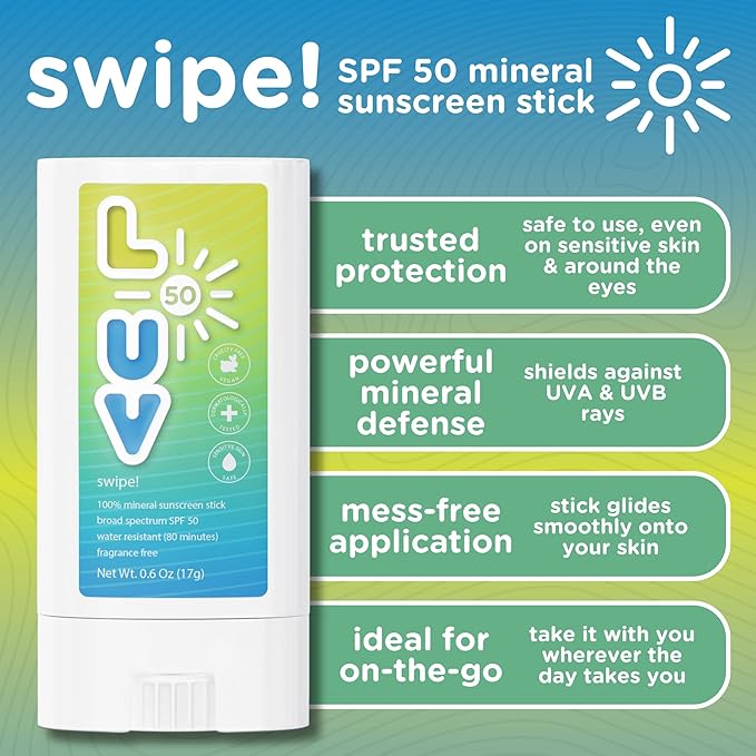 Swipe! SPF 50 Mineral Sunscreen Stick, Broad-Spectrum Protection Against UVA & UVB Rays, Perfect For Everyday Activities & Outdoor Adventures, Clear and Lightweight Sun Protection