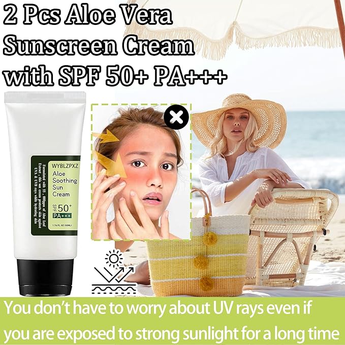 2PCS Aloe Vera Face Body Sunscreen,Moisturizing Facial Sunscreen Lotion,Lightweight Refreshing Face Sun Screen for All Skin Types,Non-Greasy Sunblock Aloe Sun Cream SPF 50 PA+++ for Face