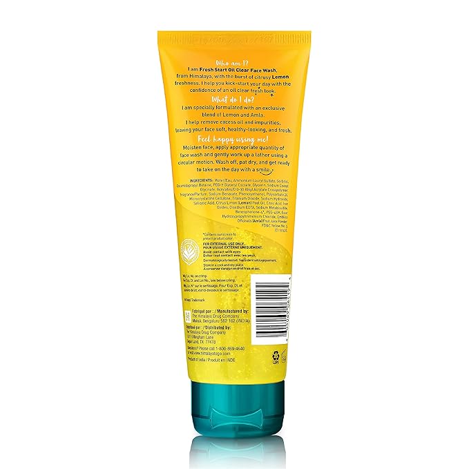 Himalaya Fresh Start Oil Clear Lemon Face Wash, Daily Facial Cleanser for Clean, Soft, Healthy-Looking, Hydrated Skin, Non-Drying for All Skin Types, 3.38 oz