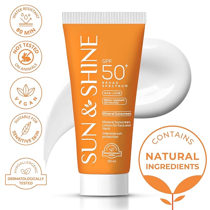 Sun&Shine 100% mineral sunscreen zinc oxide for Sensitive Skin: SPF50+ Broad Spectrum UVA UVB, Face sunscreen lotionreef safe, fragrance free 1.7 Oz