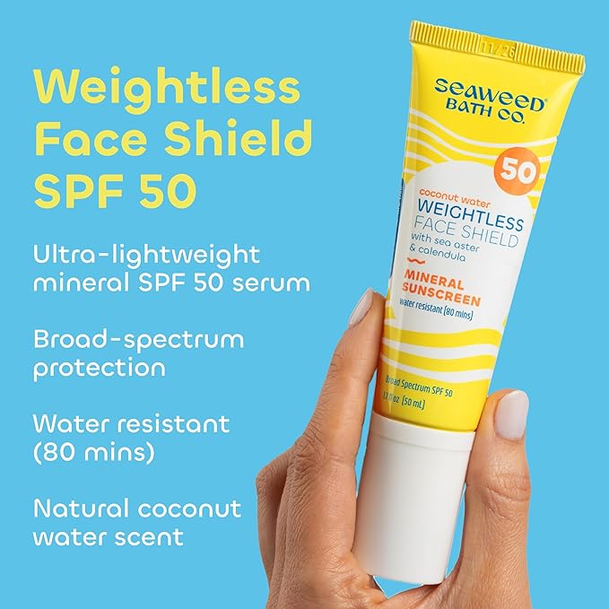 Seaweed Bath Co. Weightless Face Shield Mineral SPF 50 Zinc Oxide Suncreen Facial Serum, 1.7 Oz., Lightweight, Water Resistant Facial Moisturizer