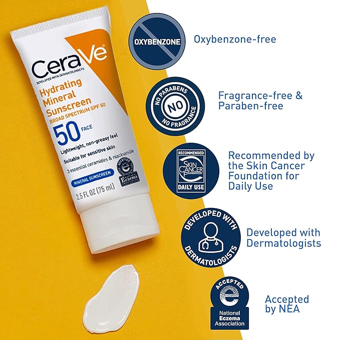 CeraVe 100% Mineral Sunscreen SPF 50 | Face sunscreen With Zinc Oxide & Titanium Dioxide | Hyaluronic Acid + Niacinamide + Ceramides | Oil Free Sunscreen For Face | Travel Size Sunscreen 2.5 oz