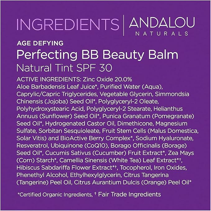 Andalou Naturals Perfecting BB Beauty Balm Natural Tinted Moisturizer with SPF 30, 2-in-1 BB Cream & Face Sunscreen with Broad Spectrum Protection, Mineral Sunscreen with Non-Nano Zinc Oxide, 2 Fl Oz