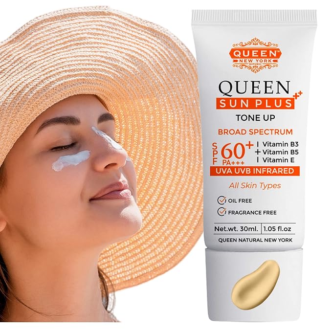 QUEEN SUN PLUS | TONE UP Sunscreen SPF 60 Primer-Anti Aging, Face Moisturizer- Vitamin B3, B5, E- Non-Greasy, Silky Touch, Instant dry-oil free, fragrance free by QUEEN NATURAL NEW YORK (Pack of 1)