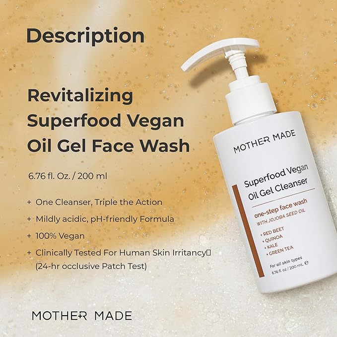 Superfood Hydrating Vegan Oil Gel Face Wash, 6.76 fl.oz | Daily Gentle Cleanser for Sensitive Skin with Natural Oils and Lactic Acid, pH Balancing, Makeup Removing, Korean Skin Care