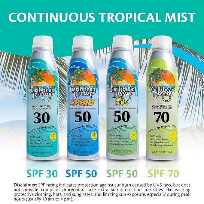 Caribbean Breeze Continuous Tropical Mist SPF 30 Sunscreen Spray, Reef Safe Sunscreen Spray, Up to 80 Minutes Water Resistant Spray, 5.5 Ounces