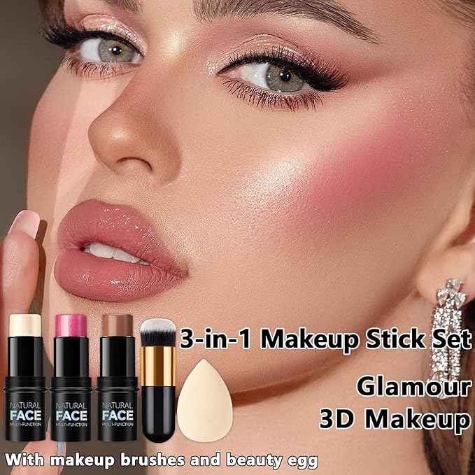 3 Pcs Contour Stick, Highlighter Stick, Blush Stick,