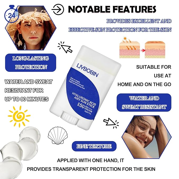 Hyaluronic Acid Moisturizing Sun Stick,SPF 50+ PA++++,Mineral Sunscreen Stick for Face,Beach Defense Sunscreen Stick,Travel Waterproof Sun Stick