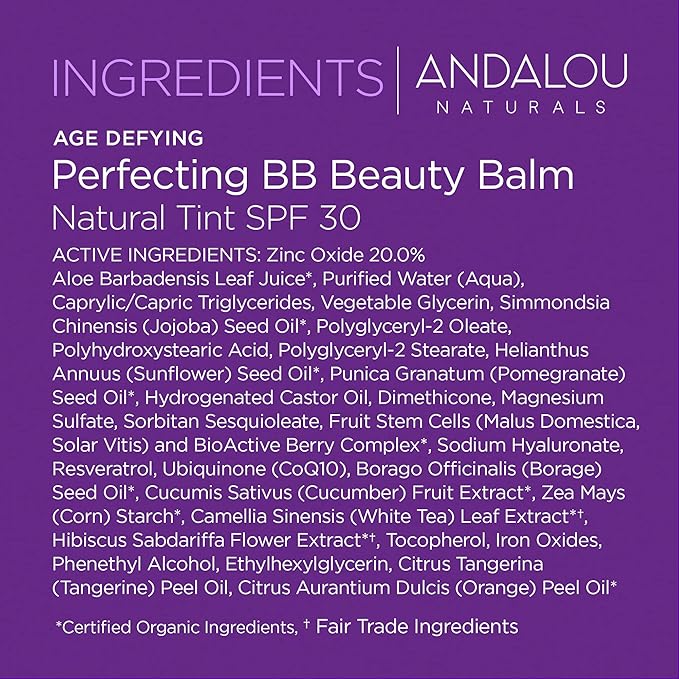 Andalou Naturals Perfecting BB Beauty Balm Natural Tinted Moisturizer with SPF 30, 2-in-1 BB Cream & Face Sunscreen with Broad Spectrum Protection, Mineral Sunscreen with Non-Nano Zinc Oxide, 2 Fl Oz