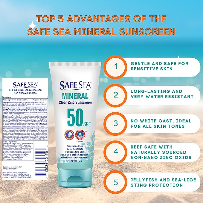 Safe Sea Zinc Oxide Sunscreen SPF50 | Clear Mineral Face Sunscreen Without White Cast | Anti-Jellyfish Sting Protective Lotion | 2Oz (60ml), Pack of 1 (2 Fl Oz (Pack of 1))