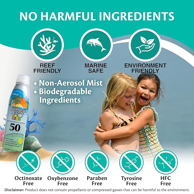 Caribbean Breeze Continuous Tropical Mist SPF 50 Sunscreen Spray for Kids, Reef Safe Sunscreen Spray, Up to 80 Minutes Water Resistant, 5.5 Ounces