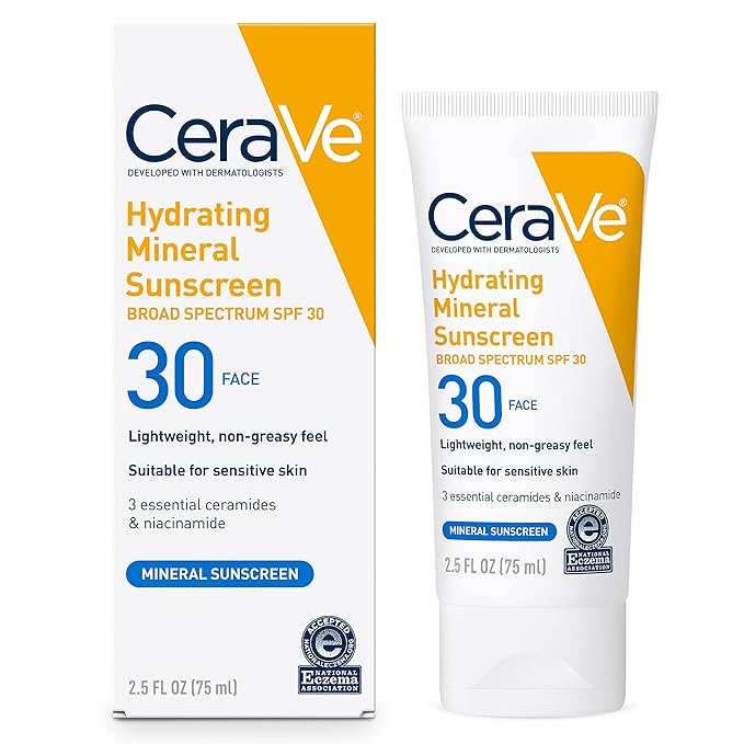 CeraVe 100% Mineral Sunscreen SPF 30 | Face sunscreen With Zinc Oxide & Titanium Dioxide | Hyaluronic Acid + Niacinamide + Ceramides | Oil Free Sunscreen For Face | Travel Size Sunscreen 2.5 oz