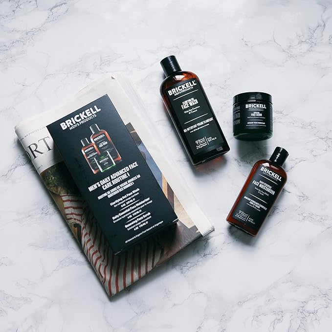 Brickell Men's Daily Advanced Face Care Routine I, Gel Facial Cleanser Wash, Face Scrub, Face Moisturizer Lotion, Natural and Organic, Unscented, Men's Skin Care Gift Set