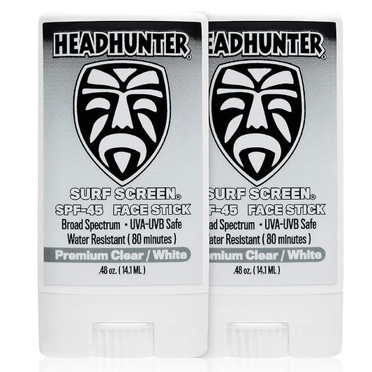 Headhunter Sunscreen Face Stick SPF 45, Waterproof Surf Sunblock for Waterman, Water-Resistant Facial Sunscreen for Ultra-Sport Protection and Solar Defense (80 min), Clear White (2 pack)