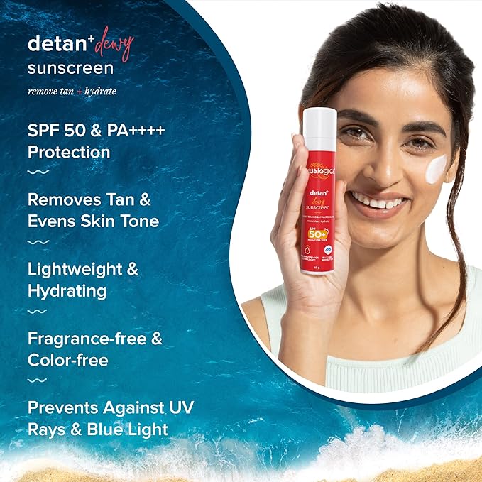 Detan+ Dewy Face Sunscreen with SPF 50+ & PA++++ | Broad Spectrum Protection & No White Cast | Fights Sun Damage with Cherry Tomato & Hyaluronic Acid | 1.76 Oz/50g