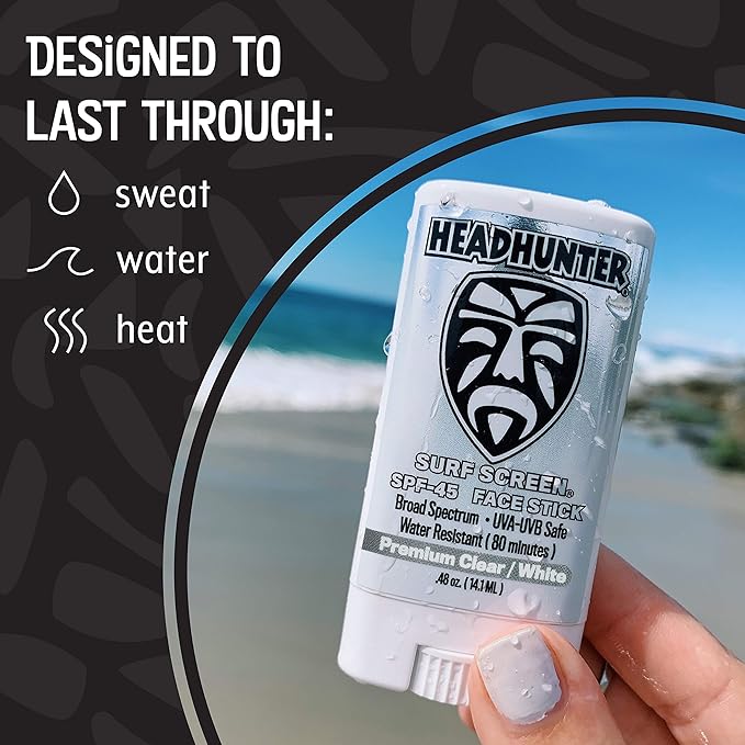 Headhunter Sunscreen Face Stick SPF 45, Waterproof Surf Sunblock for Waterman, Water-Resistant Facial Sunscreen for Ultra-Sport Protection and Solar Defense (80 min), Clear White (2 pack)